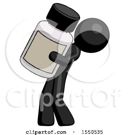 Black Design Mascot Man Holding Large White Medicine Bottle by Leo Blanchette