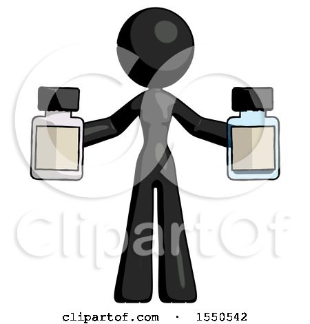 Black Design Mascot Woman Holding Two Medicine Bottles by Leo Blanchette