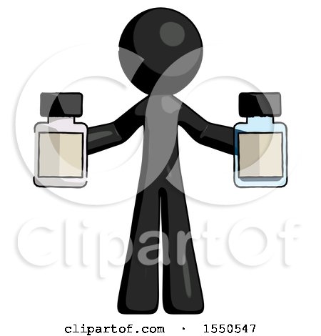 Black Design Mascot Man Holding Two Medicine Bottles by Leo Blanchette