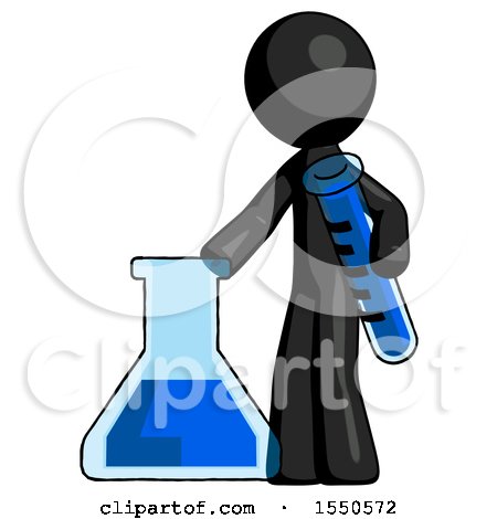 Black Design Mascot Man Holding Test Tube Beside Beaker or Flask by Leo Blanchette