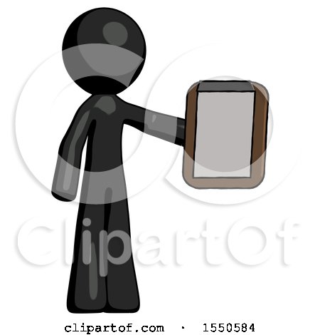 Black Design Mascot Man Showing Clipboard to Viewer by Leo Blanchette