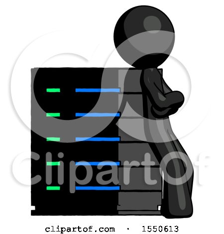 Black Design Mascot Man Resting Against Server Rack Viewed at Angle by Leo Blanchette