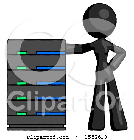 Black Design Mascot Woman with Server Rack Leaning Confidently Against It by Leo Blanchette