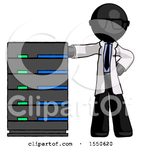 Black Doctor Scientist Man with Server Rack Leaning Confidently Against It by Leo Blanchette