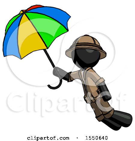 Black Explorer Ranger Man Flying with Rainbow Colored Umbrella by Leo Blanchette