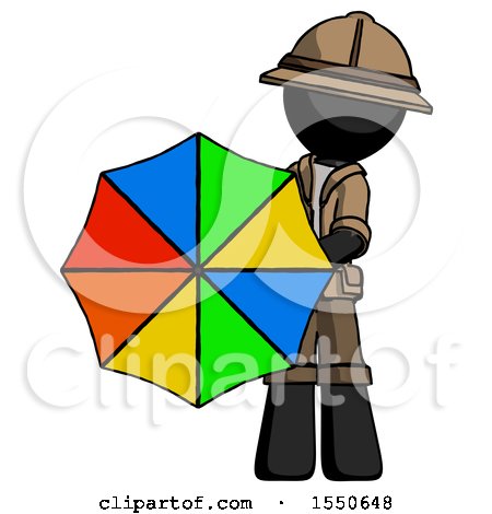 Black Explorer Ranger Man Holding Rainbow Umbrella out to Viewer by Leo Blanchette