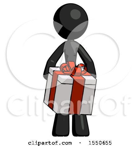 Black Design Mascot Woman Gifting Present with Large Bow Front View by Leo Blanchette
