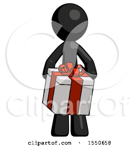 Black Design Mascot Man Gifting Present with Large Bow Front View by Leo Blanchette