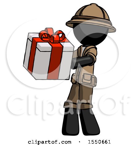 Black Explorer Ranger Man Presenting a Present with Large Red Bow on It by Leo Blanchette