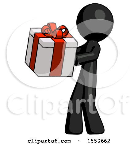 Black Design Mascot Man Presenting a Present with Large Red Bow on It by Leo Blanchette