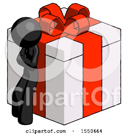 Black Design Mascot Woman Leaning on Gift with Red Bow Angle View by Leo Blanchette