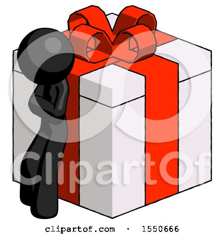 Black Design Mascot Man Leaning on Gift with Red Bow Angle View by Leo Blanchette