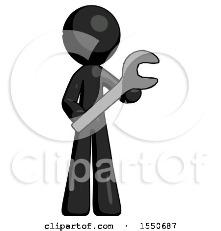 Black Design Mascot Man Holding Large Wrench with Both Hands by Leo Blanchette