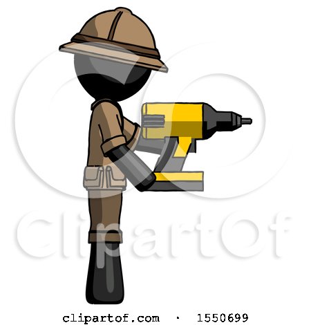 Black Explorer Ranger Man Using Drill Drilling Something on Right Side by Leo Blanchette