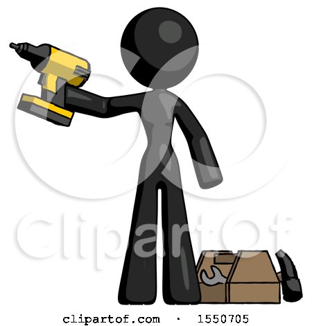 Black Design Mascot Woman Holding Drill Ready to Work, Toolchest and Tools to Right by Leo Blanchette