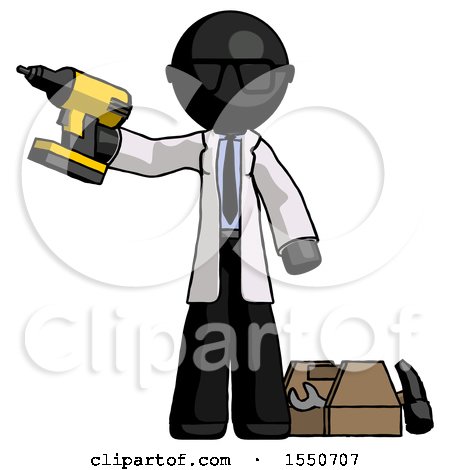 Black Doctor Scientist Man Holding Drill Ready to Work, Toolchest and Tools to Right by Leo Blanchette