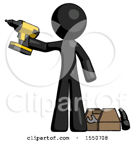 Black Design Mascot Man Holding Drill Ready to Work, Toolchest and Tools to Right by Leo Blanchette