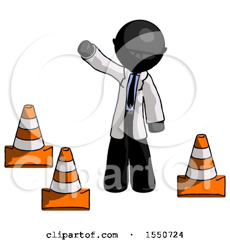 Black Doctor Scientist Man Standing by Traffic Cones Waving by Leo Blanchette