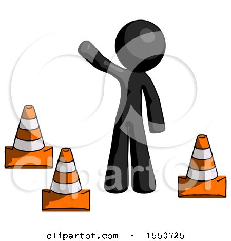 Black Design Mascot Man Standing by Traffic Cones Waving by Leo Blanchette