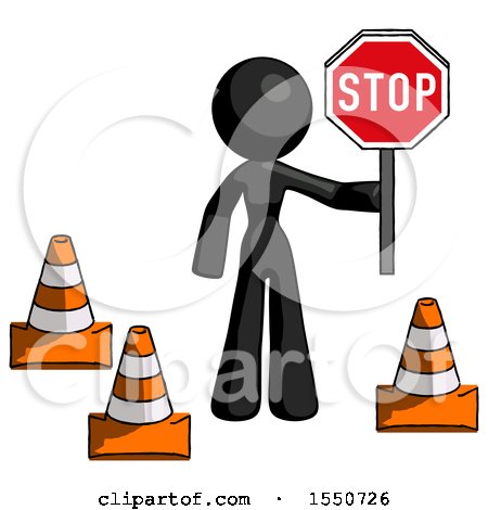 Black Design Mascot Woman Holding Stop Sign by Traffic Cones Under Construction Concept by Leo Blanchette