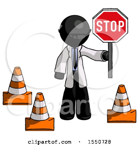 Black Doctor Scientist Man Holding Stop Sign by Traffic Cones Under Construction Concept by Leo Blanchette