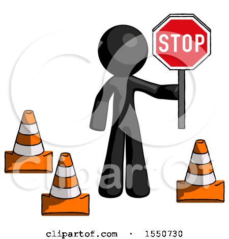 Black Design Mascot Man Holding Stop Sign by Traffic Cones Under Construction Concept by Leo Blanchette