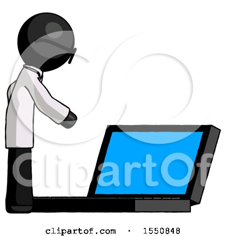 Black Doctor Scientist Man Using Large Laptop Computer Side Orthographic View by Leo Blanchette
