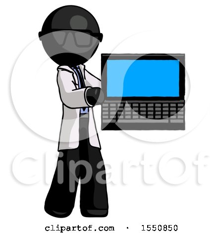 Black Doctor Scientist Man Holding Laptop Computer Presenting Something on Screen by Leo Blanchette