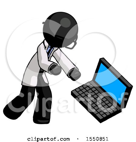 Black Doctor Scientist Man Throwing Laptop Computer in Frustration by Leo Blanchette