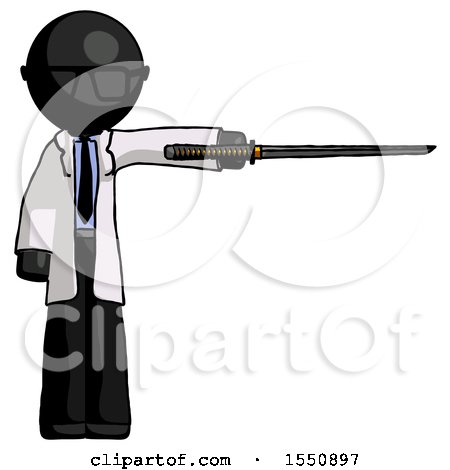 Black Doctor Scientist Man Standing with Ninja Sword Katana Pointing Right by Leo Blanchette