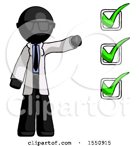 Black Doctor Scientist Man Standing by List of Checkmarks by Leo Blanchette