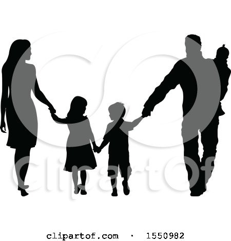 Clipart of a Silhouetted Family Holding Hands and Walking - Royalty Free Vector Illustration by Pushkin