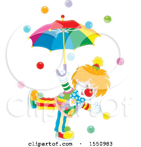 Clipart of a Happy Clown with an Umbrella and Balls - Royalty Free Vector Illustration by Alex Bannykh