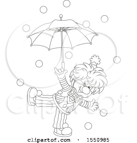 Clipart of a Lineart Entertaining Clown with an Umbrella and Balls - Royalty Free Vector Illustration by Alex Bannykh