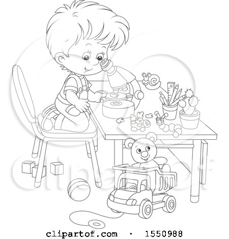 Clipart of a Lineart Boy Looking Through a Microscope - Royalty Free Vector Illustration by Alex Bannykh
