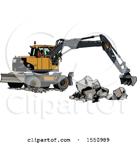 Clipart of a Yellow Excavator Machine Moving Concrete Blocks - Royalty Free Vector Illustration by dero