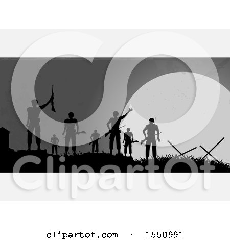 Clipart of a Silhouetted Group of Soldiers on a Battle Field Against a Full Moon, with White Panels - Royalty Free Vector Illustration by elaineitalia