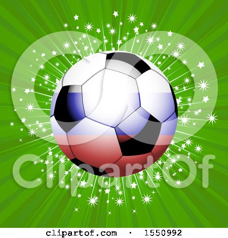 Clipart of a Red White and Blue Soccer Ball over Green Rays and a Star Burst - Royalty Free Vector Illustration by elaineitalia