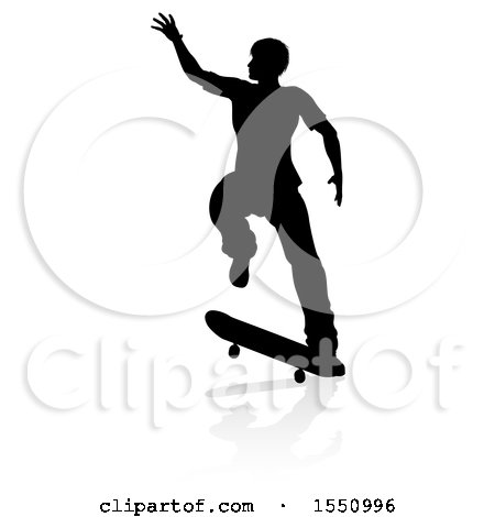 Clipart of a Silhouetted Male Skateboarder with a Reflection or Shadow, on a White Background - Royalty Free Vector Illustration by AtStockIllustration