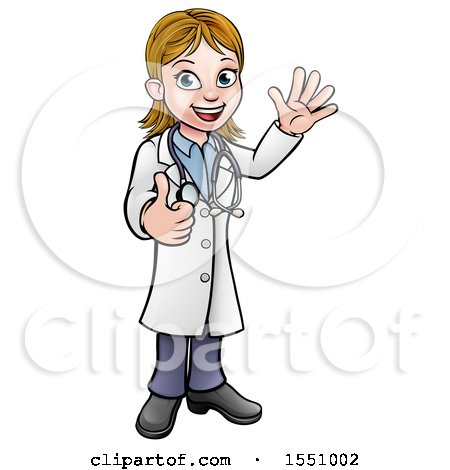 Clipart of a Cartoon Friendly White Female Doctor Waving and Giving a Thumb up - Royalty Free Vector Illustration by AtStockIllustration