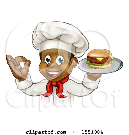 Clipart of a Male Chef Holding a Cheese Burger on a Tray and Gesturing Perfect - Royalty Free Vector Illustration by AtStockIllustration