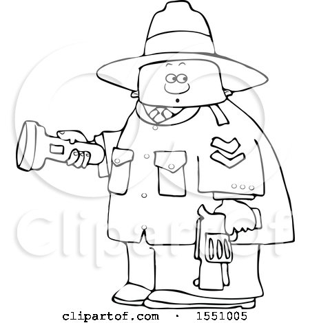 Clipart of a Cartoon Lineart Male Ranger Holding a Flashlight and Firearm - Royalty Free Vector Illustration by djart
