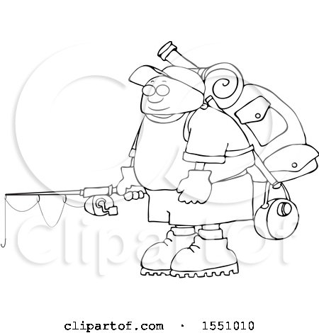 Clipart of a Cartoon Lineart Man with Camping and Fishing Gear - Royalty Free Vector Illustration by djart