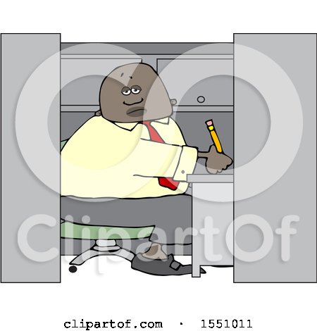 Clipart of a Cartoon Black Man Writing in His Office Cubicle - Royalty Free Vector Illustration by djart