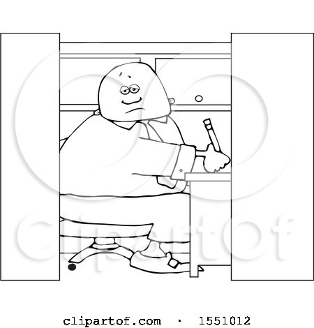 Clipart of a Cartoon Lineart Man Writing in His Office Cubicle - Royalty Free Vector Illustration by djart