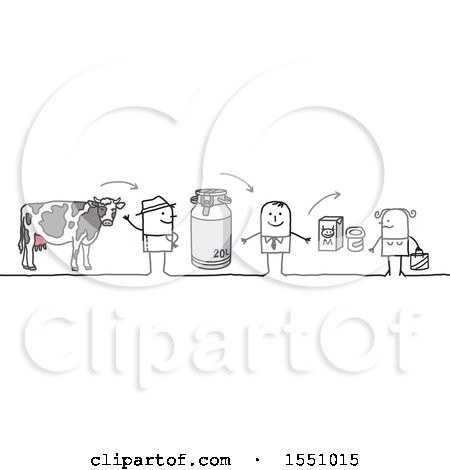 Clipart of a Stick Man Dairy Farmer Selling Milk to a Grocer and a Consumer - Royalty Free Vector Illustration by NL shop