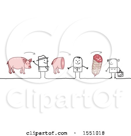 Clipart of a Stick Man Farmer Selling Pork to a Grocer and Consumer - Royalty Free Vector Illustration by NL shop