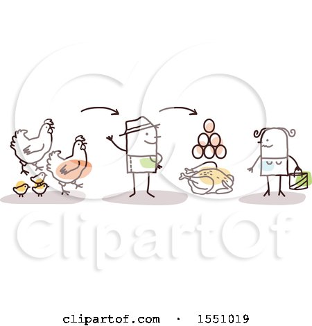 Clipart of a Stick Man Farmer Selling Chicken Eggs and Poultry to a Consumer - Royalty Free Vector Illustration by NL shop