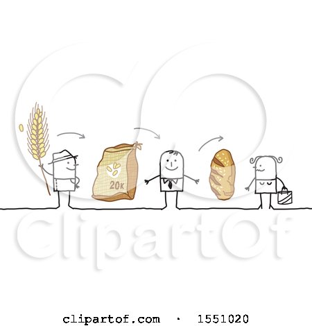 Clipart of a Stick Man Farmer Selling Bread to a Grocer and Consumer - Royalty Free Vector Illustration by NL shop