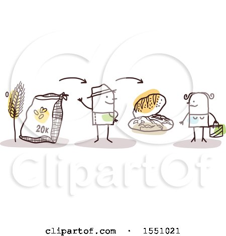 Clipart of a Stick Man Farmer Selling Bread Direct to a Consumer - Royalty Free Vector Illustration by NL shop
